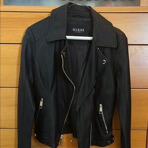 GUESS Black Faux Leather Jacket XS with zippers